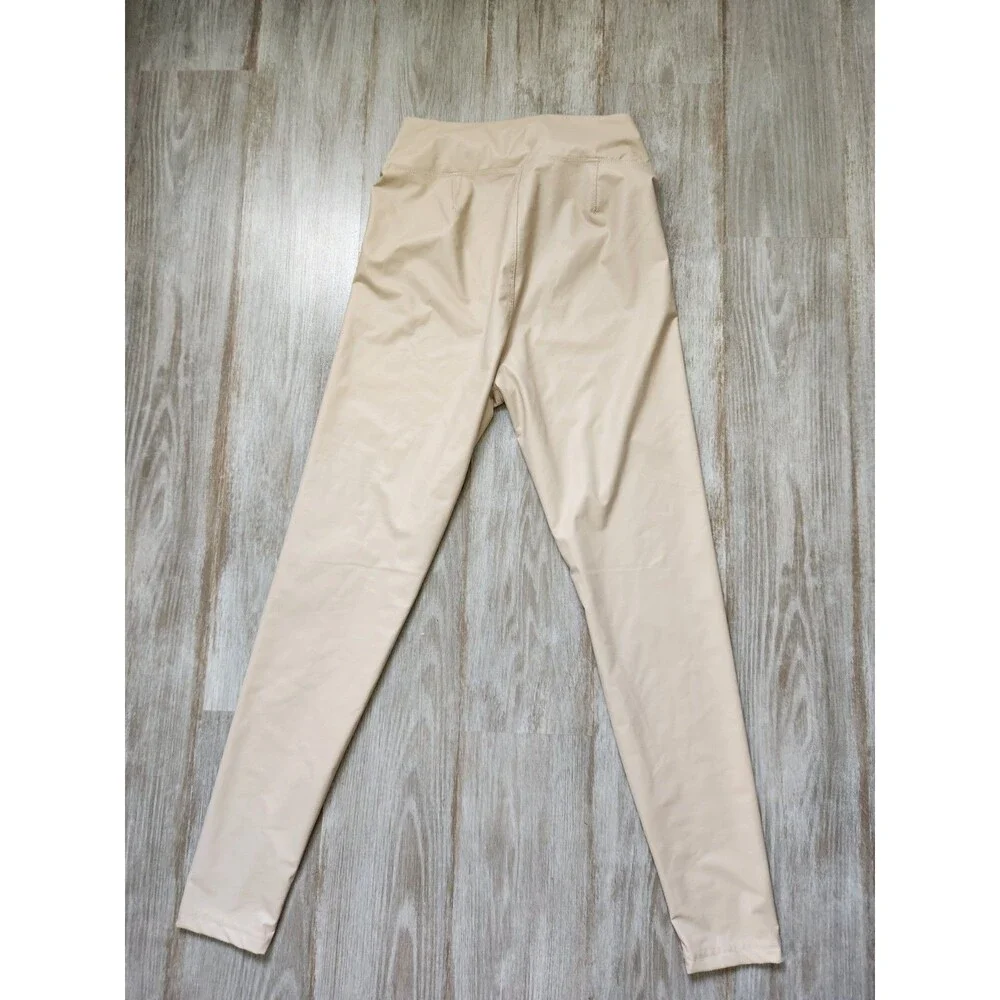 Aerie OFFLINE Nude Beige Pleather Leggings High Waisted Lightweight Yoga L EUC